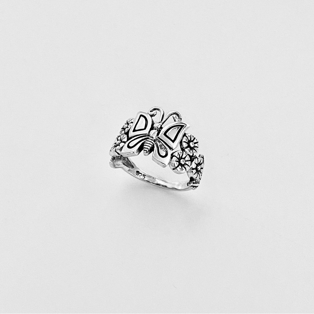 Sterling Silver Statement Butterfly and Plumeria Ring, Flower Rings, Bug Jewelry - Picture 12 of 13